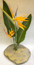 Load image into Gallery viewer, Bird of Paradise and heliconia stem with greenery leaves, in deluxe classic vase